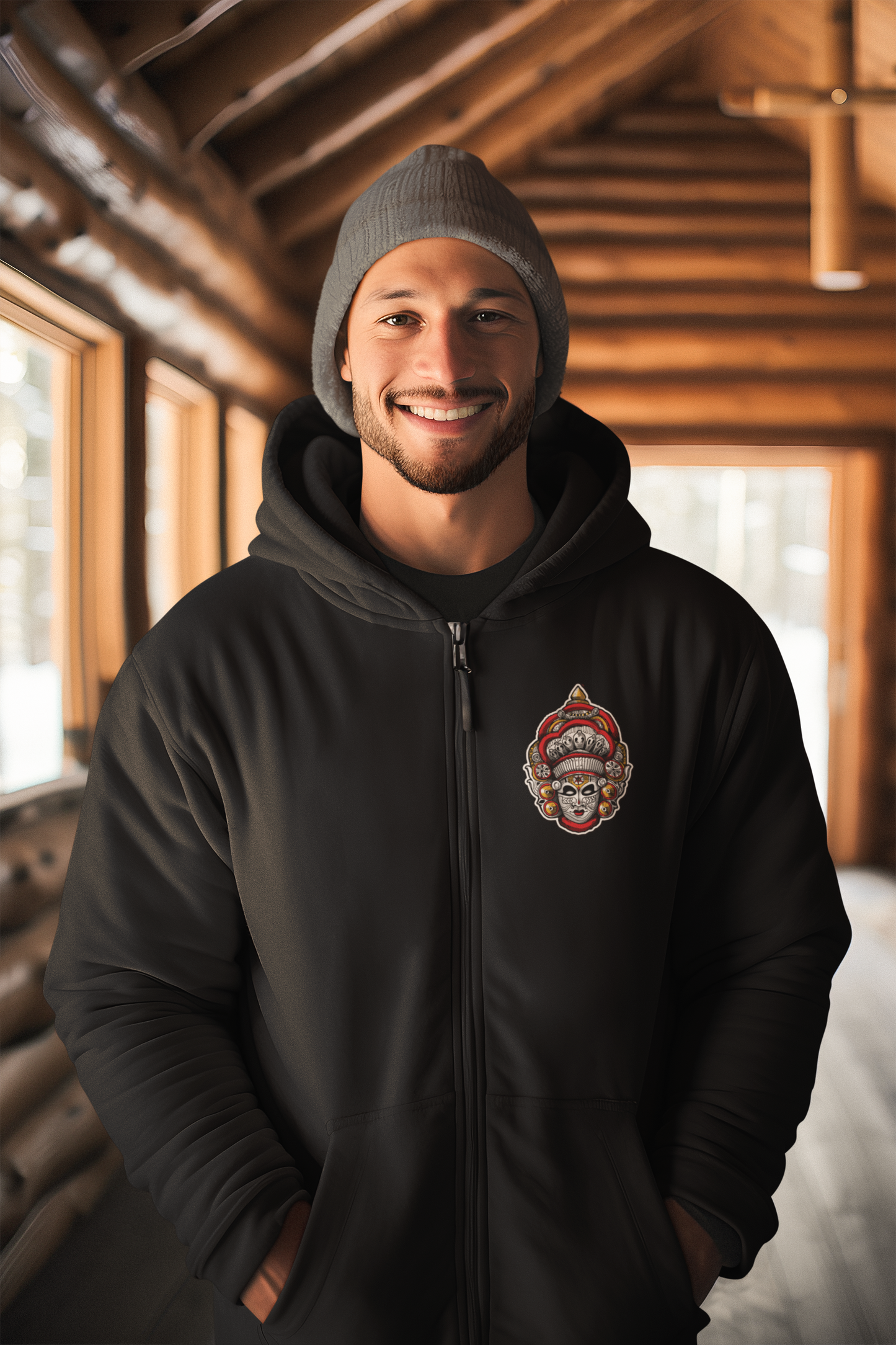 Black Zippered Hoodie with Theyyam Art Print – Cultural Streetwear | Artist Collaboration