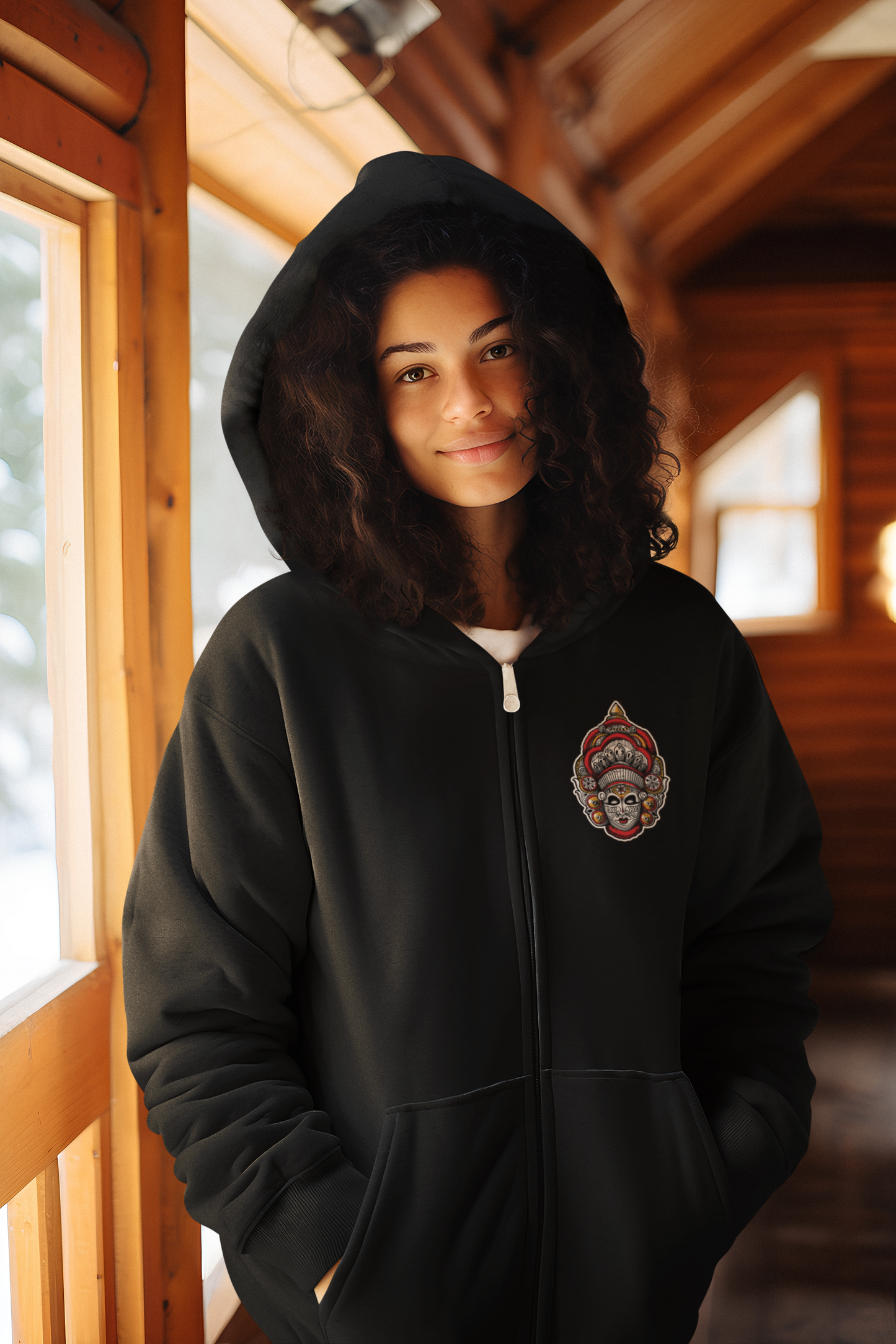 Black Zippered Hoodie with Theyyam Art Print – Cultural Streetwear | Artist Collaboration
