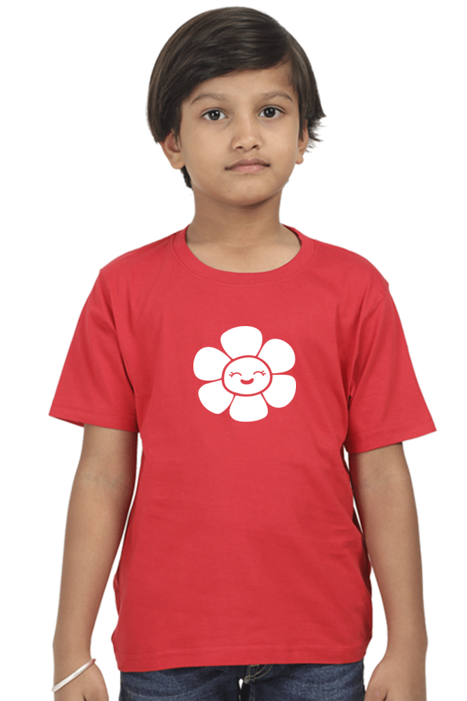 Kids Red Glow-in-the-Dark Flower T-Shirt – Round Neck Half Sleeve | Cute Kawaii Design