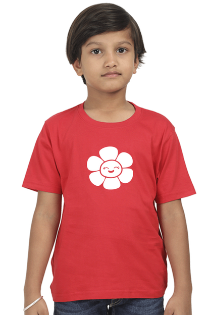 Kids Red Glow-in-the-Dark Flower T-Shirt – Round Neck Half Sleeve | Cute Kawaii Design