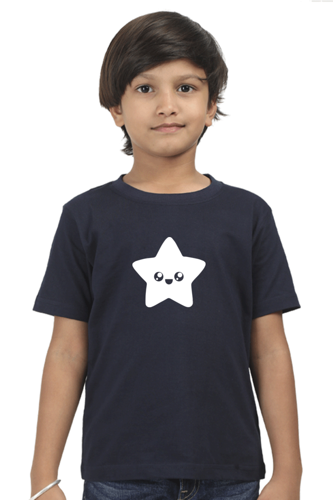 Kids Navy Blue Glow-in-the-Dark Star T-Shirt – Round Neck Half Sleeve | Cute Kawaii Design