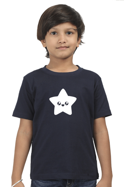 Kids Navy Blue Glow-in-the-Dark Star T-Shirt – Round Neck Half Sleeve | Cute Kawaii Design