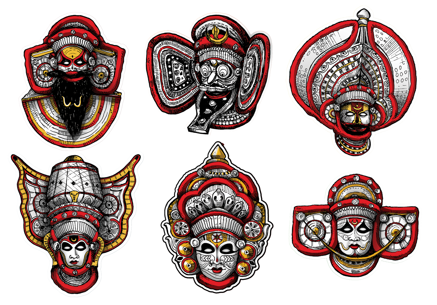 Theyyam Art Stickers Set (6 Unique Designs) – Traditional Indian Art on A5 Size Sheet