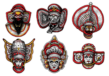 Theyyam Art Stickers Set (6 Unique Designs) – Traditional Indian Art on A5 Size Sheet